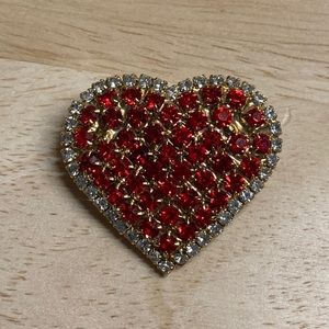 Red & White Crystal Heart Brooch / Pin